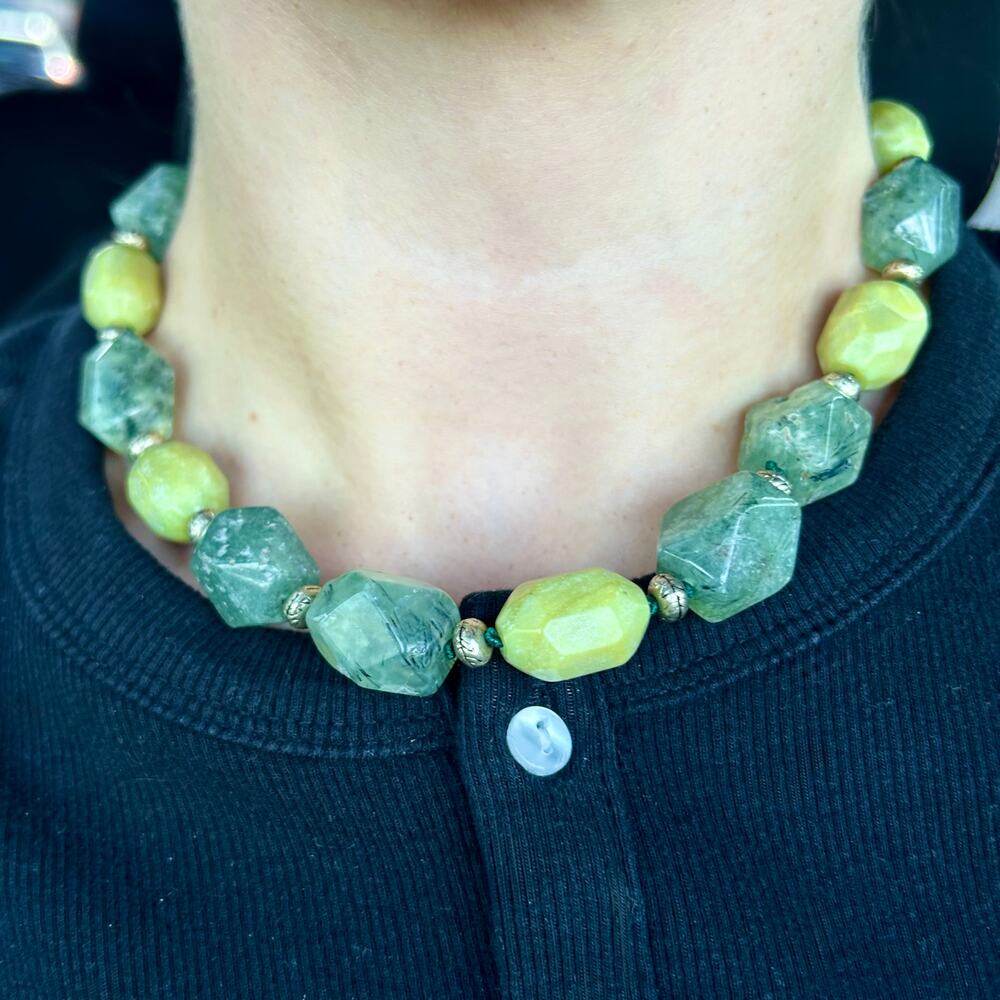 Sigrid Olsen Chunky Green Prehnite Olive Jade Statement Necklace Signed Toggle